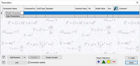 Inventor Parameters Screen