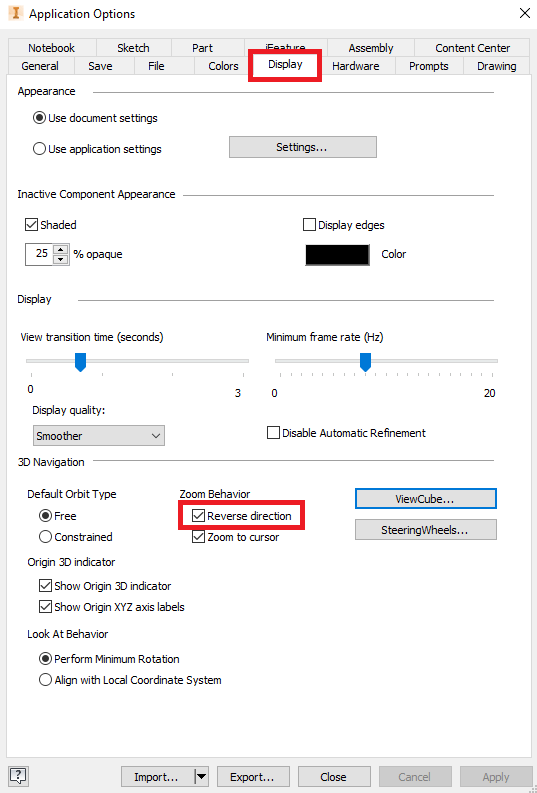 Inventor Software Options Screen Display Tab