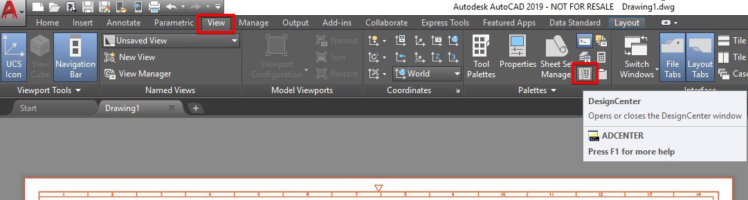 AutoCAD DesignCenter Button on View Tab
