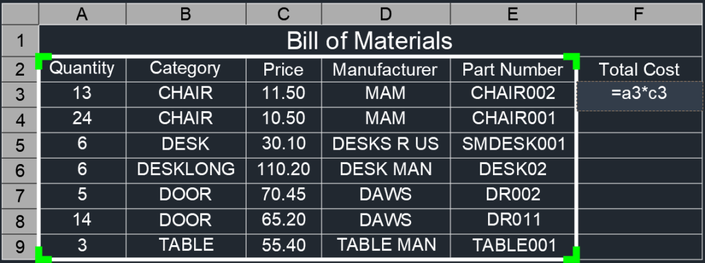 Bill of Material Table