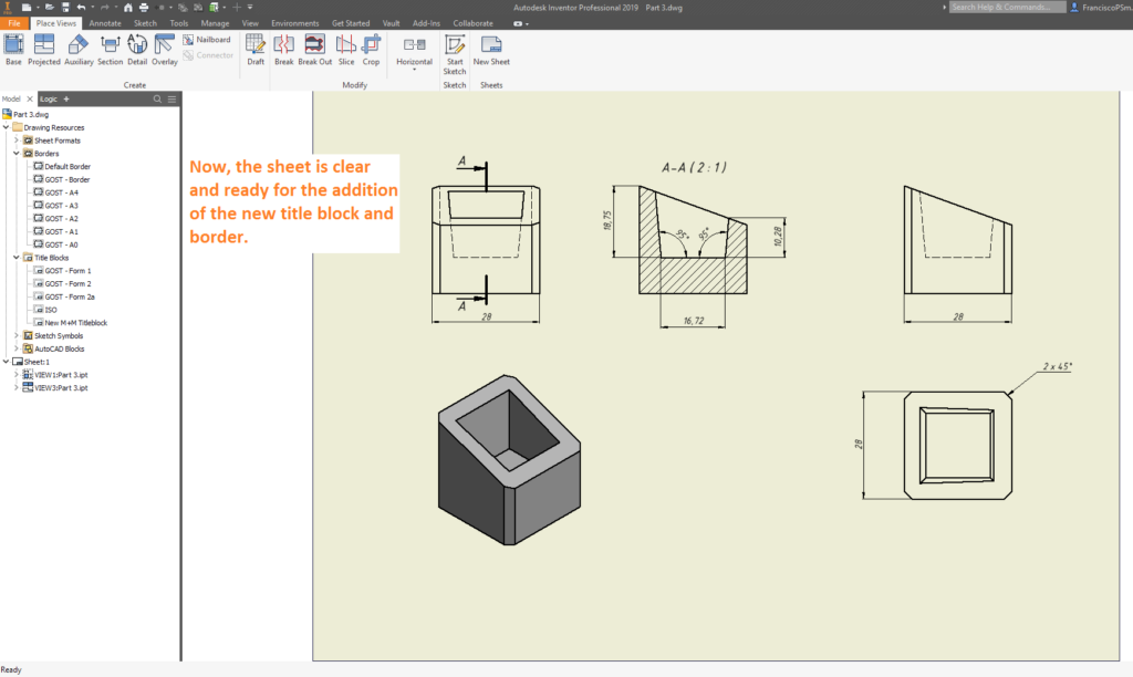 Inventor Drawing with Clear Sheet