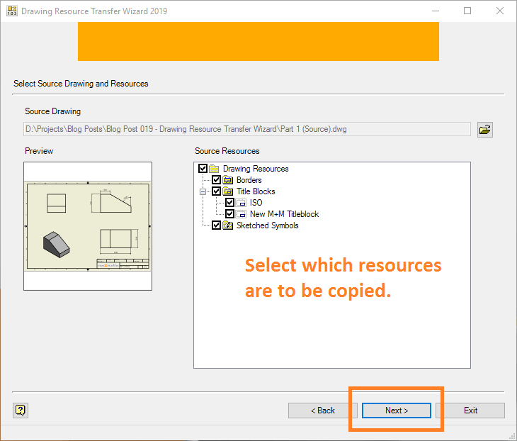 Drawing Resource Transfer Wizard - Selecting Resources