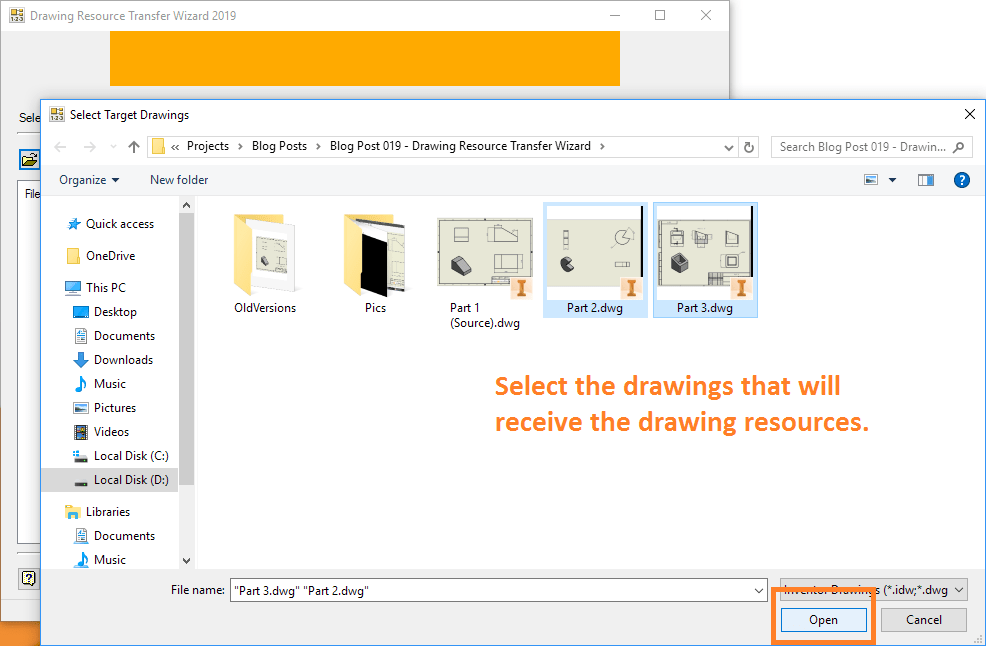 Drawing Resource Transfer Wizard Drawings to Receive Copied Resources