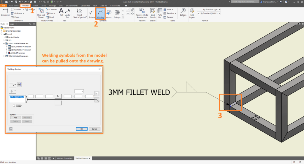 Welding symbols from the model