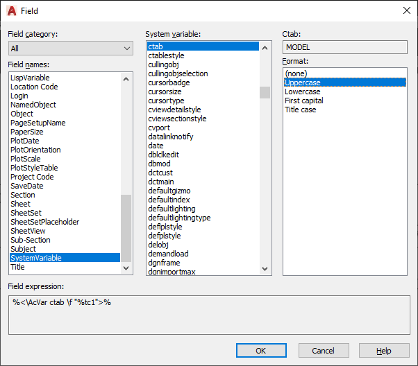 AutoCAD Field Dialogue Box