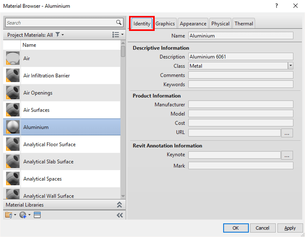 Material Asset Identity Tab