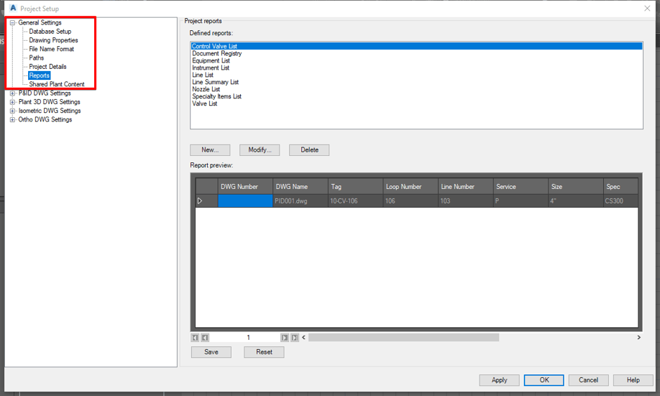 Plant 3D Report Settings