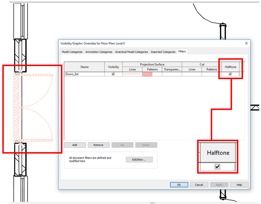 Revit Plan with Doors Filter and Halftone