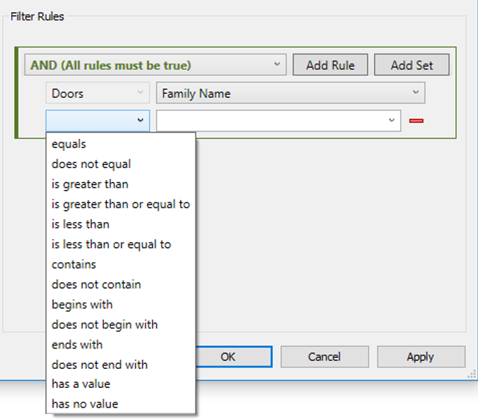 Filter Rules Operator Selection