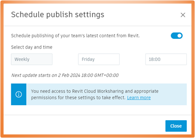 A dialogue box to set the Schedule Publish Settings in the Cloud.
